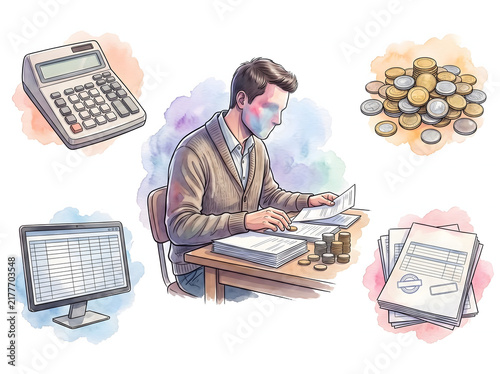 Man Analyzing Finances at Desk with Calculator and Coins