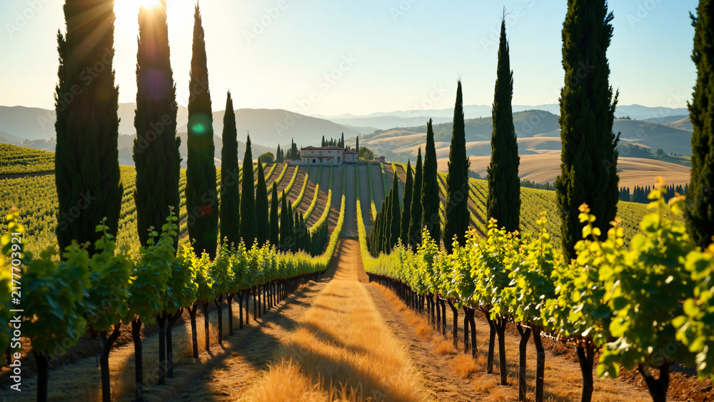 Obraz premium Tuscan Vineyard Framed by Cypress Trees with Rolling Hills and Farmhouse