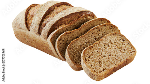 Foto Isolated rustic dark bread loaf partially sliced for serving, showing wholesome
