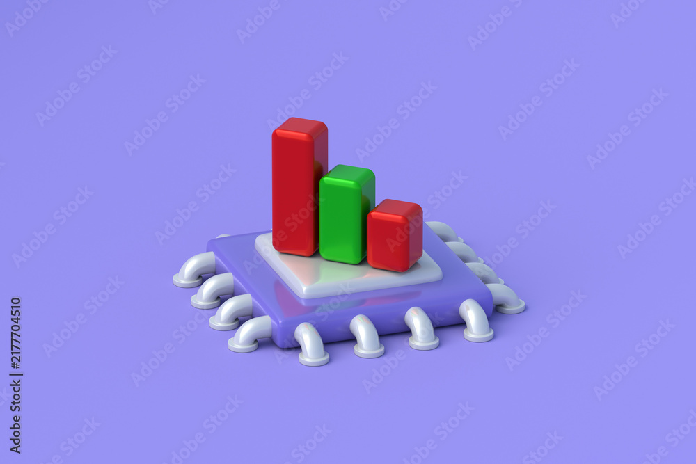 Obraz premium Microchip production deficit. Processor performance decline. Semiconductor market downturn. Hardware efficiency drop. Negative tech industry trend. Microscheme beside falling graph. 3d render