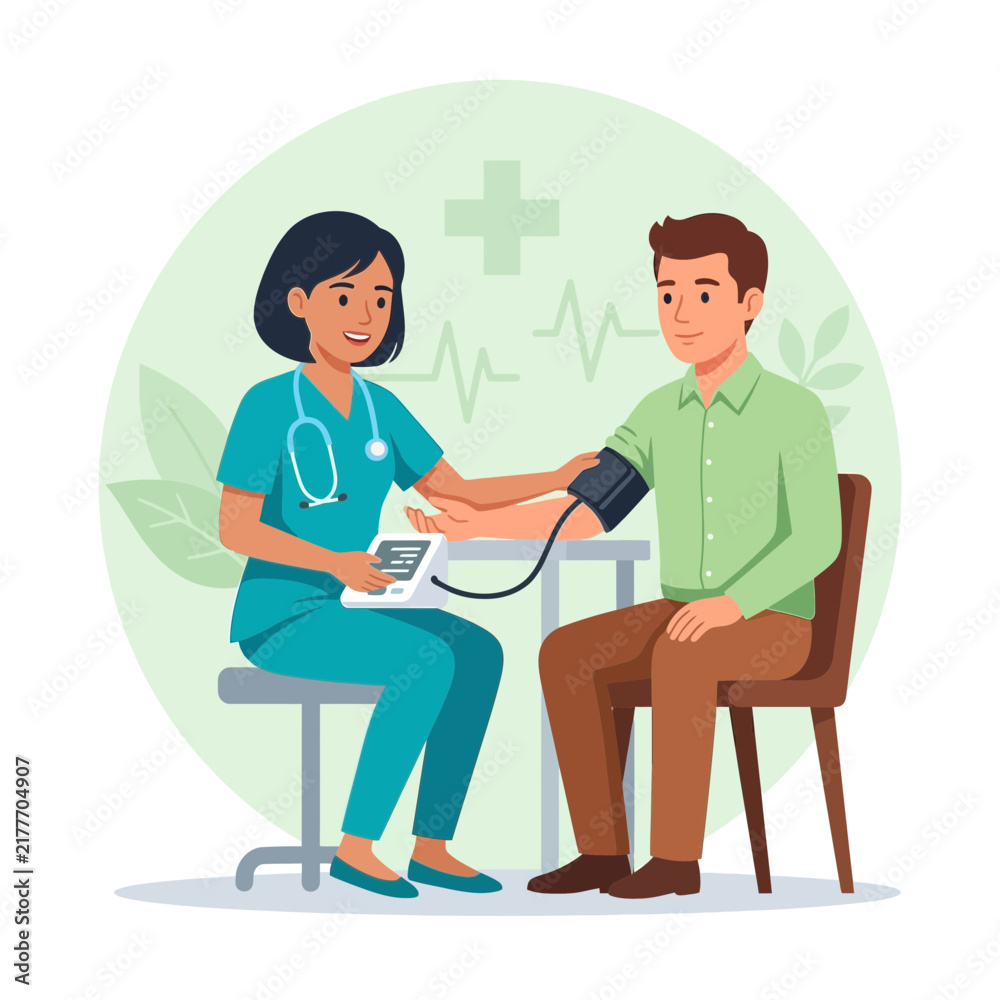Obraz premium Nurse takes patient's blood pressure during medical checkup, vector illustration