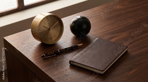 Brass Desk Clock Leather Notebook and Fountain Pen on Dark Wooden Executive Table

