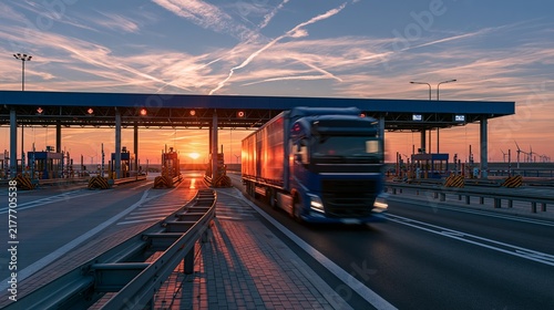 Blue truck drives quickly through highway toll gate plaza at sunset Generative AI
