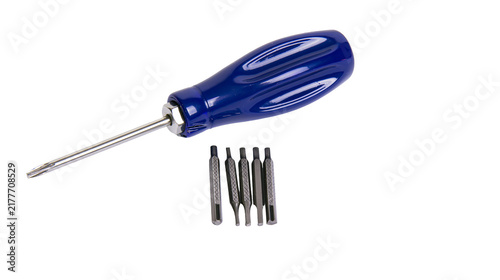 Obraz na płótnie Isolated blue screwdriver with interchangeable bit set for precision electronic repair