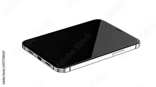 Cuadro en lienzo Isolated sleek modern smartphone with blank black screen and shiny silver metal frame on an angle