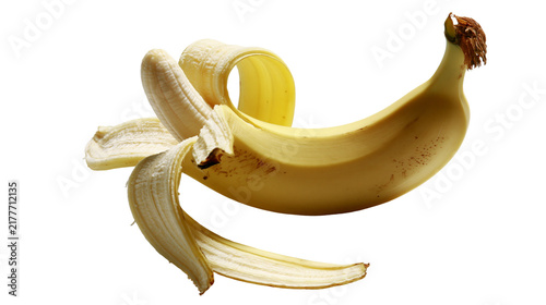 Fotografie Isolated ripe yellow banana, partially peeled, revealing fresh fruit, healthy or