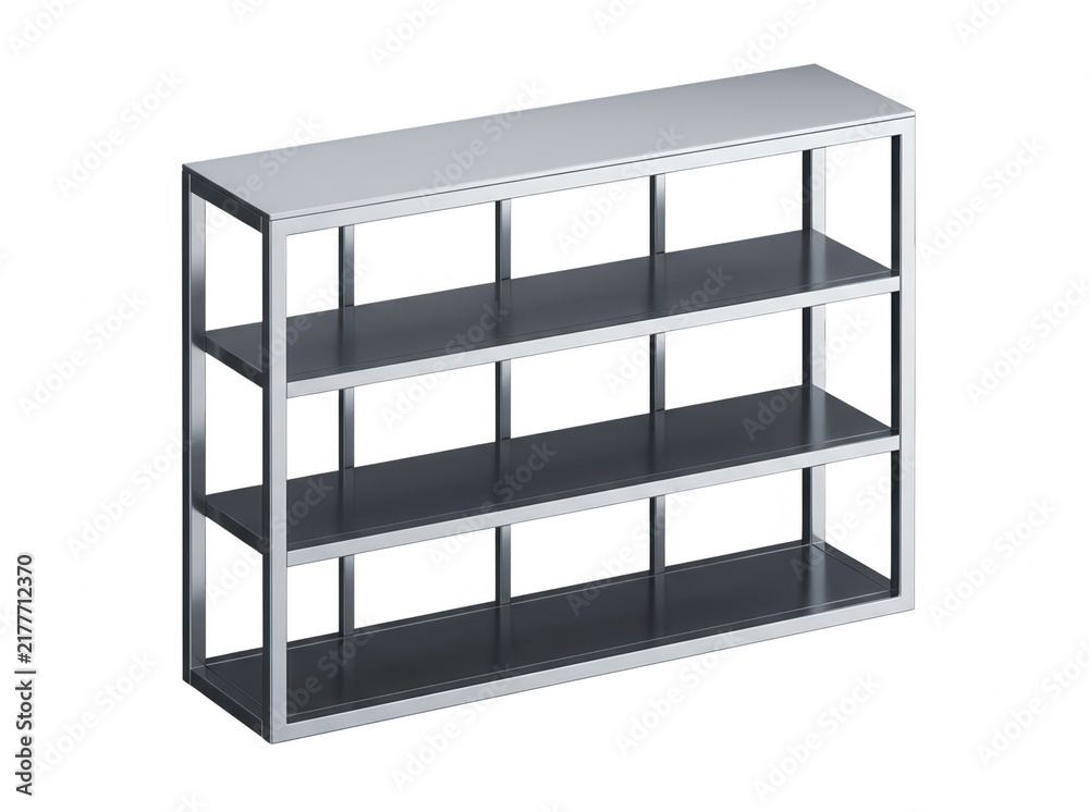 Fototapeta premium Nowoczesny metalowy regał z trzema półkami o minimalistycznym designie, idealny do przechowywania przedmiotów w biurze, sklepie lub nowoczesnym wnętrzu mieszkalnym na białym tle.