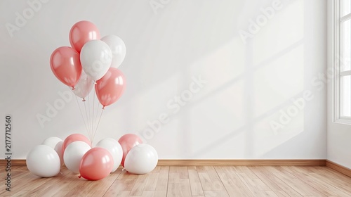Pink and white balloons in bright empty interior room near window, festive party decor, white wall copy space for celebration design