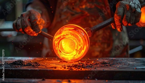 Glassblower shaping glowing glass sphere.