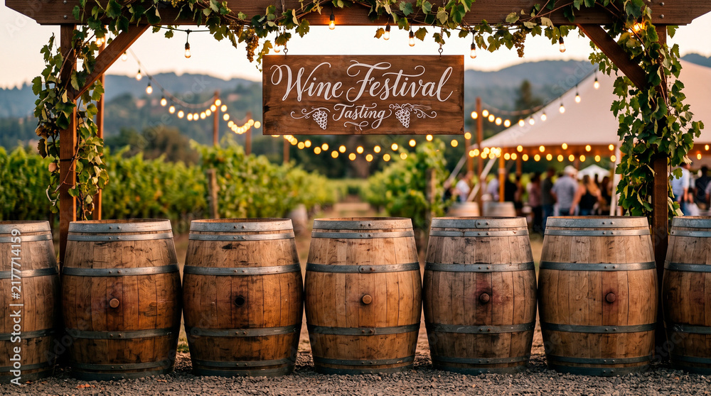 Obraz premium Wooden wine festival tasting sign hanging on vine covered pergola with old oak barrels in vineyard at sunset. Outdoor winery event with string lights and