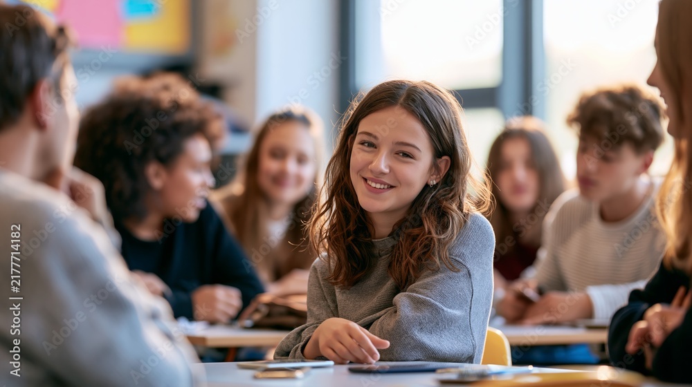 Obraz premium Workshop on digital citizenship with teenagers discussing social media use in a bright classroom Generative AI