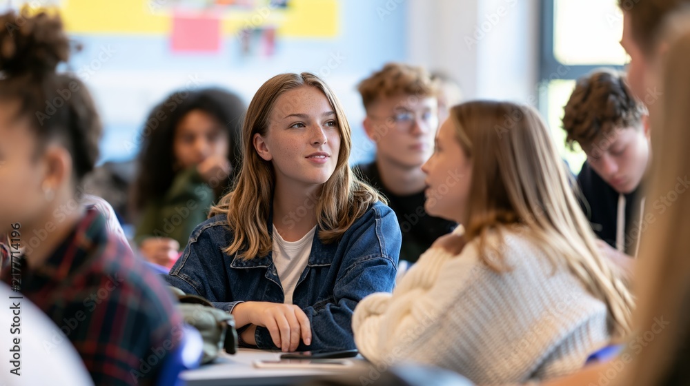 Fototapeta premium Workshop on digital citizenship with teenagers learning about responsible social media use in a classroom Generative AI