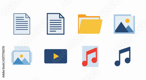 Flat design illustration of file management and media icons on a light background, including a blue document, yellow.