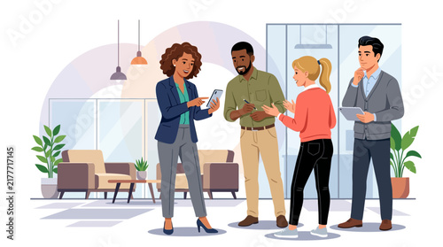 Diverse business team collaborating in modern office lobby with digital devices and plants.