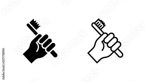Hand Holding Toothbrush Icon Set Featuring Minimalist Solid and Linear Vector Illustrations for Dental Hygiene Concepts