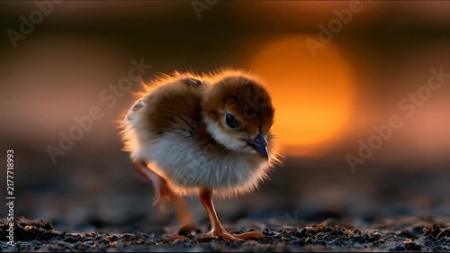 Side view of cute baby chick bird with rim lighting around body in warm sunset background.