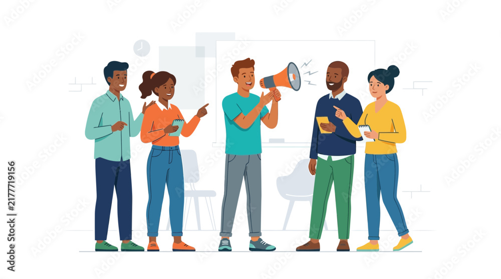 Fototapeta premium Diverse Team Collaborating with Megaphone for Announcement, Meeting, or Business Idea Sharing