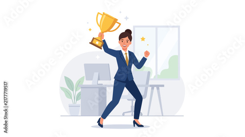 Successful businesswoman holding a trophy in an office, celebrating victory and achievement