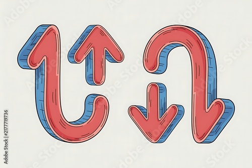 3D Cartoonish Arrows Up and Down Line Hand Drawn Vector Isolated on White Background