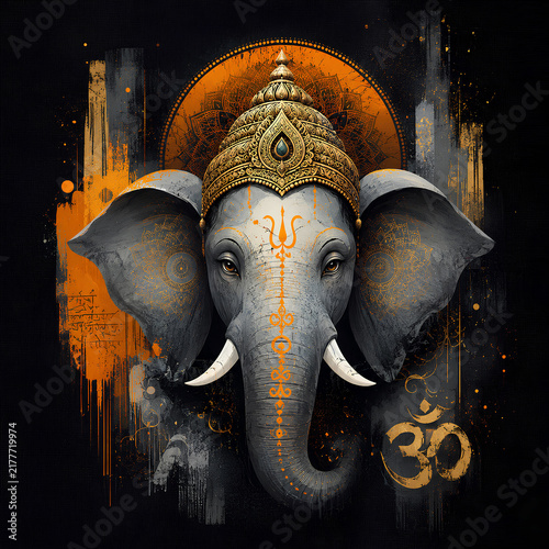 A majestic artistic portrait of Lord Ganesha featuring intricate golden details and a spiritual Om symbol.