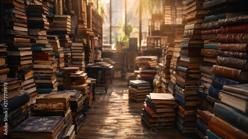 Old dusty books stacked high on wooden floor in vintage library illuminated by warm sunlight, representing historical archives and classical literature