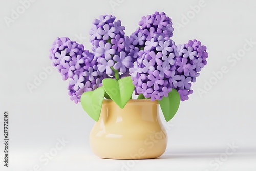 3D Cartoonish Lilacs in a White Vase on a Rustic Surface Isolated on White Background