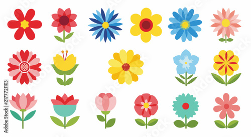 Colorful flat-design flower icons including daisies, tulips, roses, and blossoms in red, yellow, blue, and pink arranged.