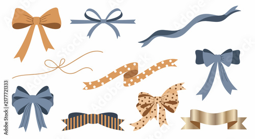 Collection of decorative ribbons and bows in beige and white tones arranged on a light background