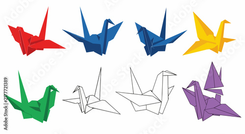 Two blue origami paper cranes and two white line art drawings of paper cranes arranged on a white background with.
