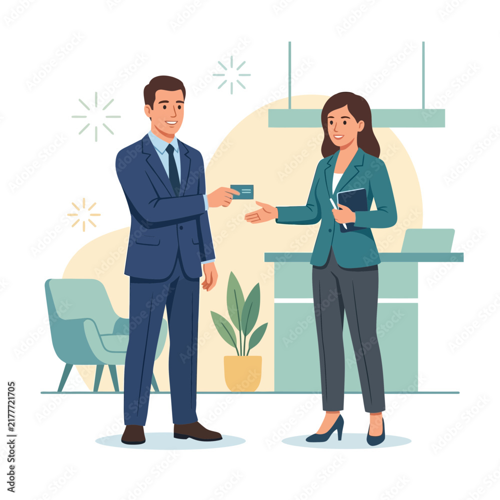 Obraz premium Business people exchanging credit card or ID at reception desk, modern vector illustration