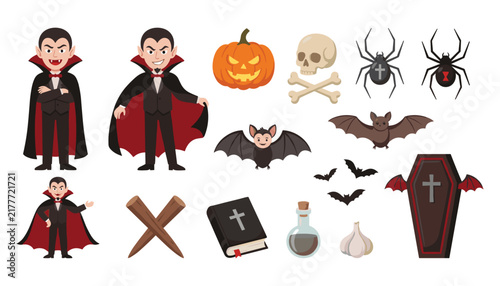 Bild auf Leinwand Halloween vampire elements set with count dracula characters bat coffin pumpkin