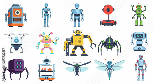 Colorful robotic toy characters including humanoid robots, a spider machine, a dragonfly, and a jellyfish arranged on a.
