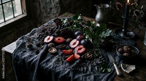 Moody rustic still life with fresh plums and walnuts