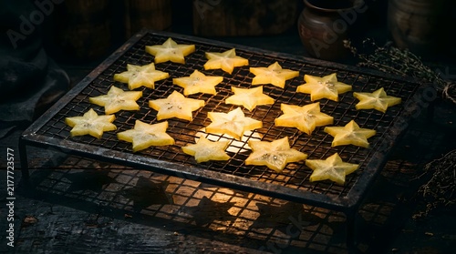Fresh star fruit slices on a rustic metal cooling rack