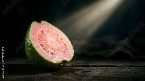Fresh Half Cut Pink Guava on Rustic Wooden Background