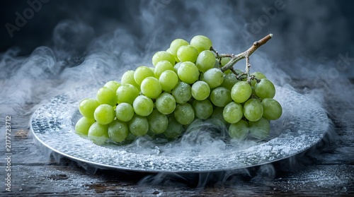 Fresh green grapes on a chilled silver platter with dry ice smoke effect