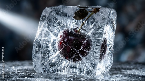 Fresh cherry frozen inside a clear ice cube