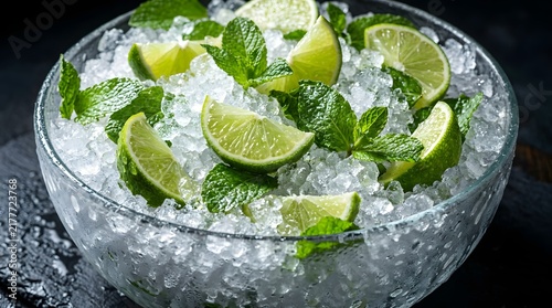 Refreshing glass bowl with crushed ice lime wedges and fresh mint leaves