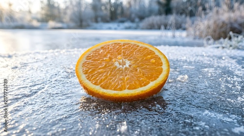 Fresh orange slice on frozen ice in winter
