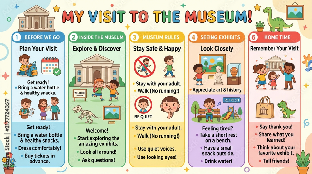 Fototapeta premium Educational Kids Museum Visit Guide Infographic with Rules and Tips