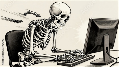Obraz w ramie Skeleton types furiously at computer, embodying endless digital work.