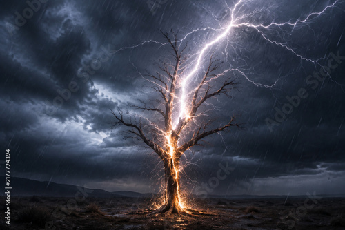 A solitary dead tree struck by lightning in a stormy landscape.