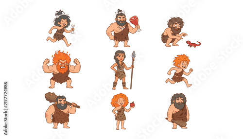 Canvas Print Stone age caveman cartoon characters set with primitive prehistoric people hunte