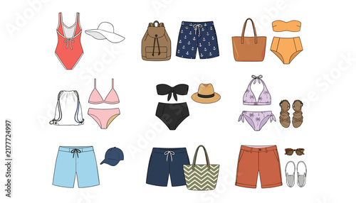 Картината върху платно Summer beachwear fashion vector elements set with swimsuits bikinis trunks hats