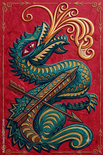 A stylized green dragon breathing fire with an arrow, depicted in a decorative medieval fantasy art style.
