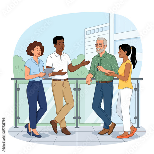 Diverse group of professionals collaborating outdoors on a balcony with a modern building background.