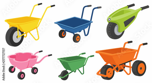 Colorful miniature toy wheelbarrows and gardening carts displayed against a white background in a grid arrangement.