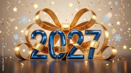 New year 2027 celebration numbers decorated with golden ribbon bow and confetti