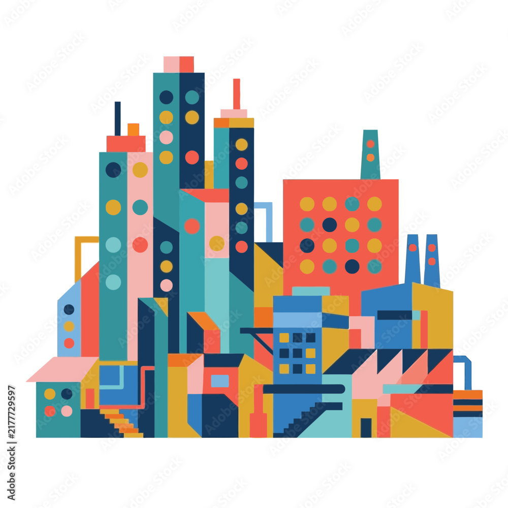 Obraz premium Colorful Abstract Cityscape Illustration with Geometric Buildings