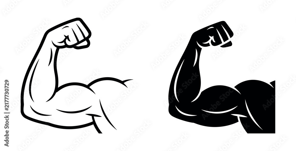 Obraz premium Two of flexing bicep arms, one outlined and one solid black silhouette on white background, muscle strength